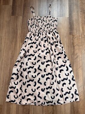 a new day Women’s 100% Cotton Midi Dress Tan with Black Brushstroke Design, M